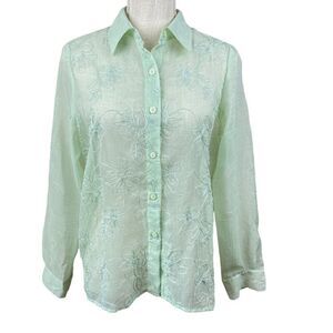 Alfred Dunner Embroidered Floral Shirt Womens Sz 6P Green Long Sleeve Boho Fairy